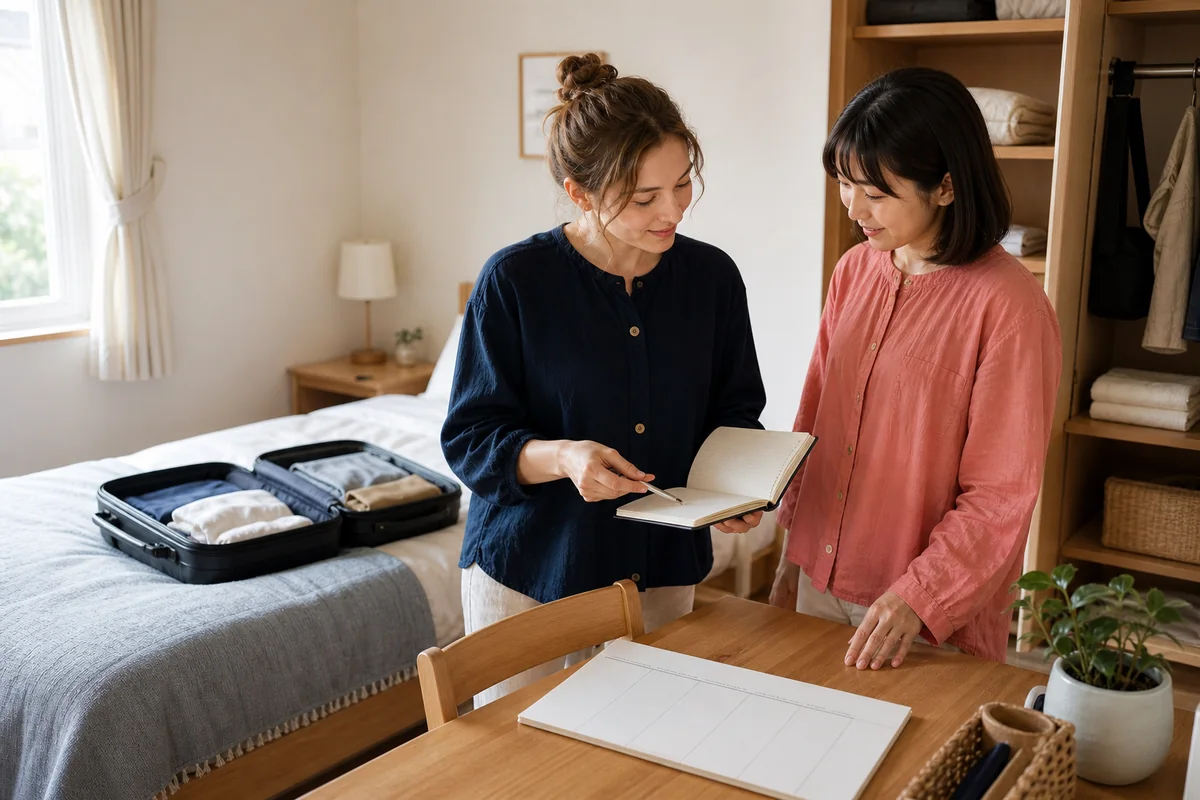 An international companion and Japanese parent review arrival preparations