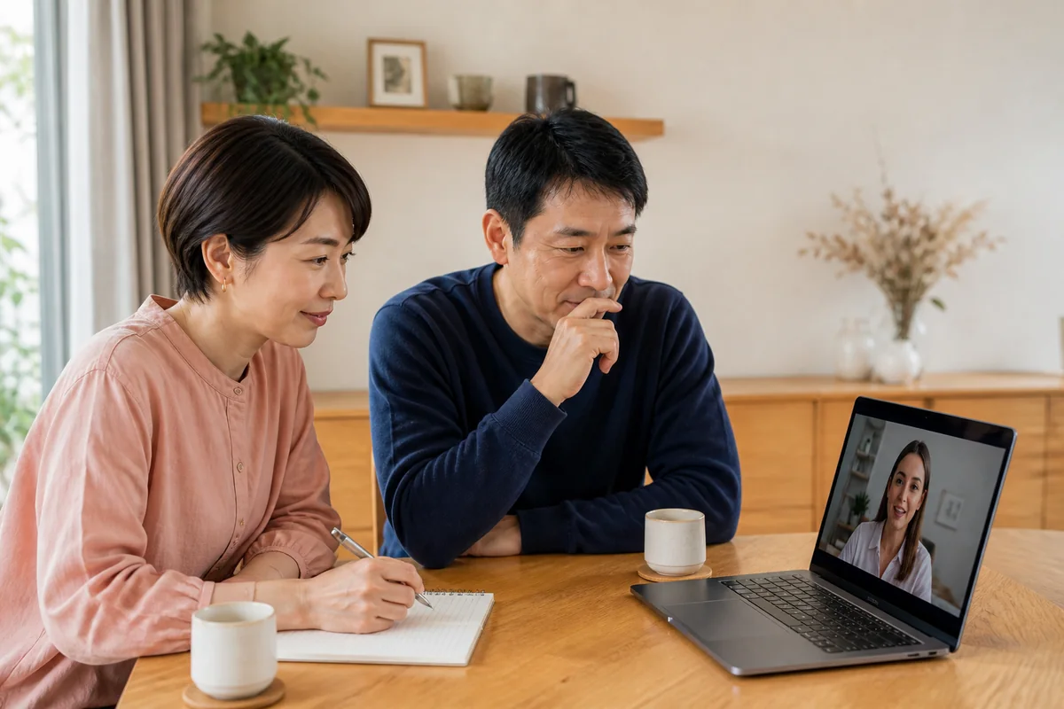 Japanese parents speak with an international candidate over video